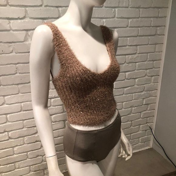 Urban Outfitters Tops - FUZZY BEIGE & TAN CROPPED GOLD METALLIC TANK SWEATER NWT